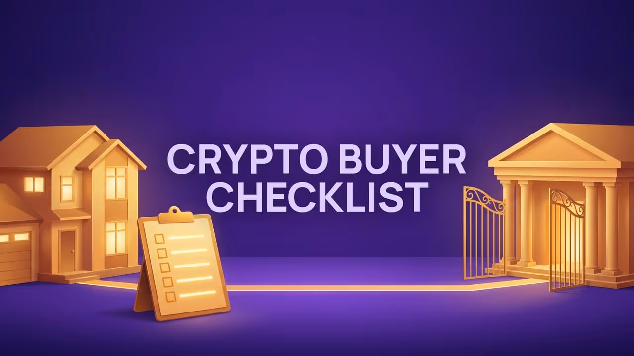 Crypto buyer checklist - a house with a five-point checklist, linked by a glowing path to a bank with its gate half open