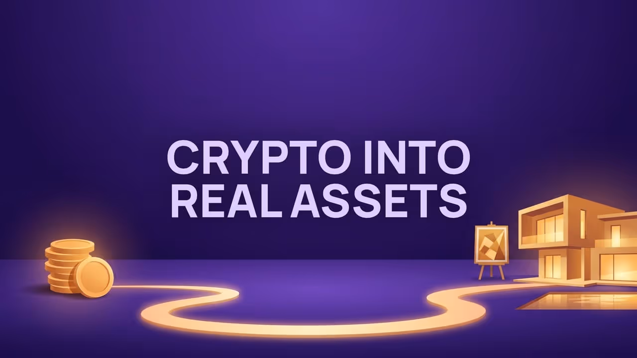 Crypto into real assets - a stack of coins with a glowing path leading to a villa with a pool and a painting on an easel