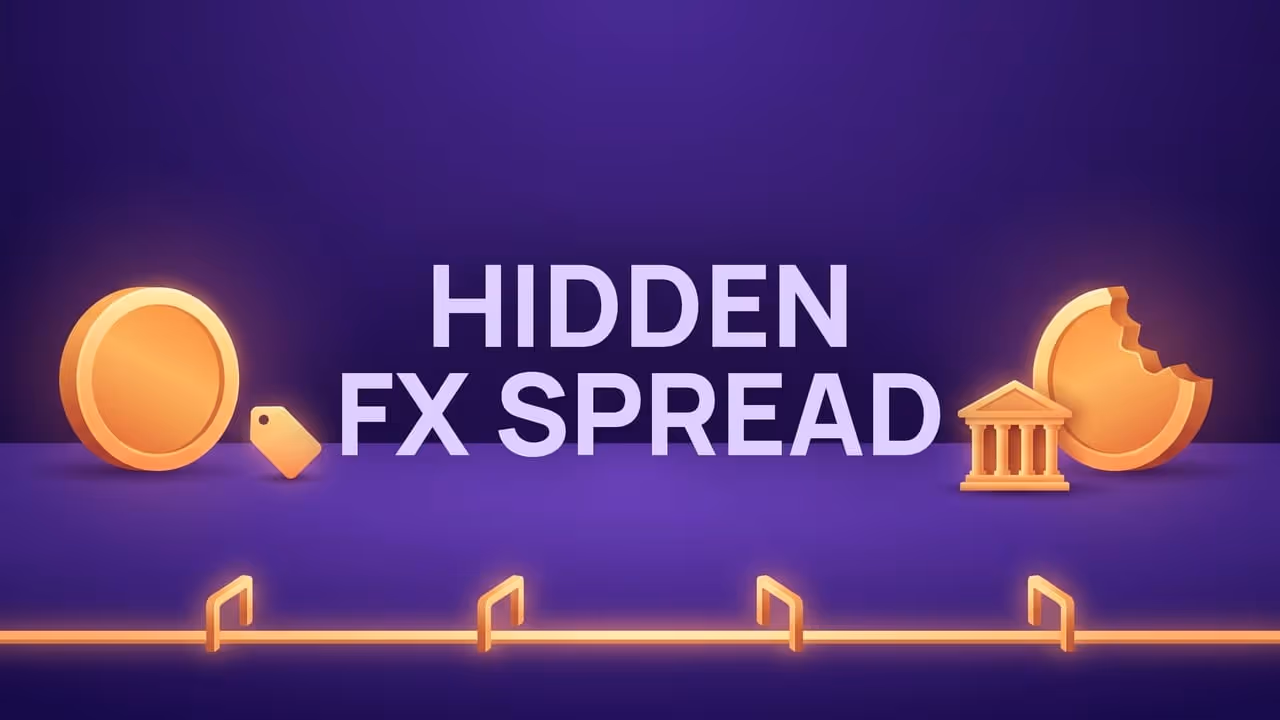 Hidden FX spread - a whole coin with a small price tag, and the same coin arriving at a bank with a chunk missing after a path through four gates