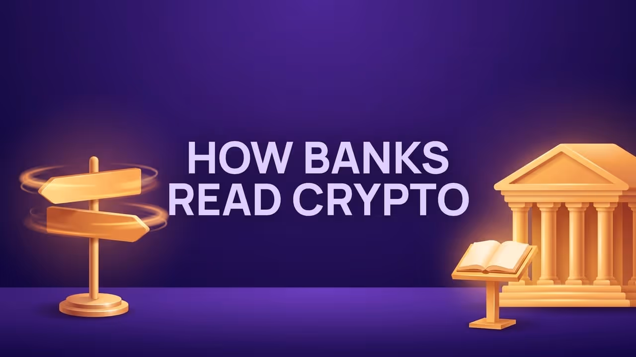 How banks read crypto - a signpost whose boards spin in opposite directions, and a still bank building with an open book on a lectern