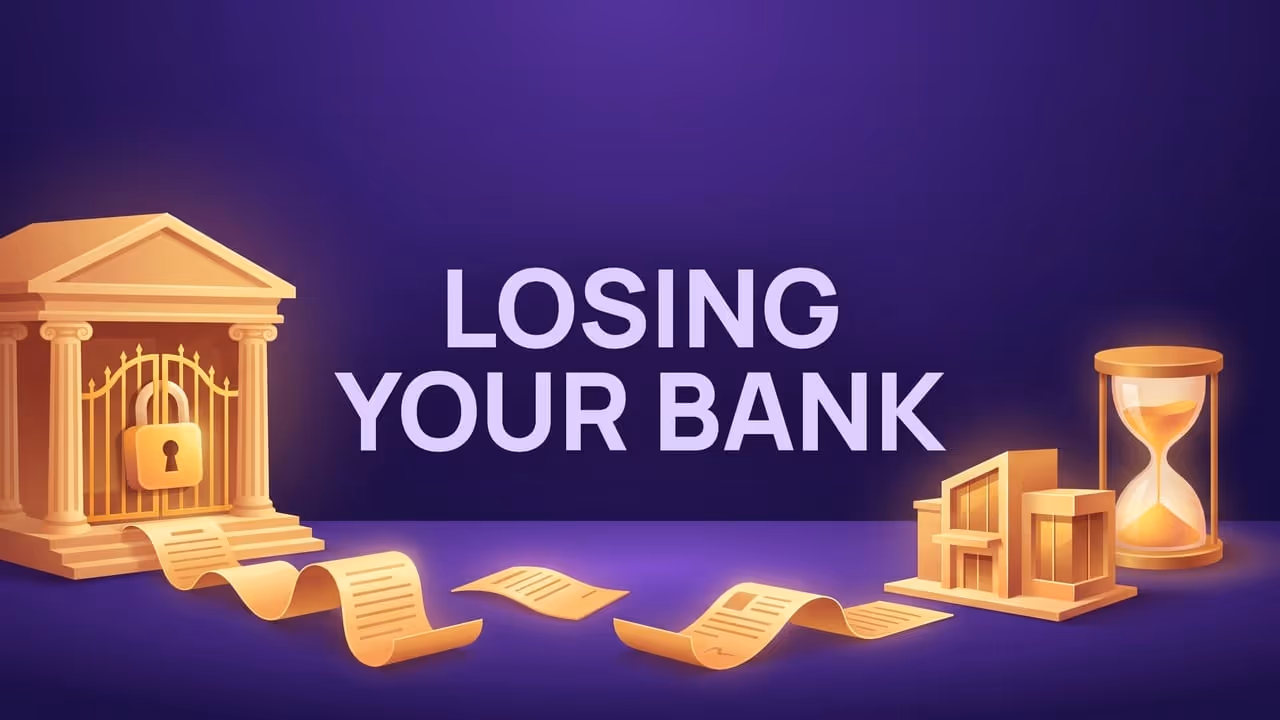 Losing your bank - a bank padlocked shut, and a road of paperwork leading past an hourglass to a new bank