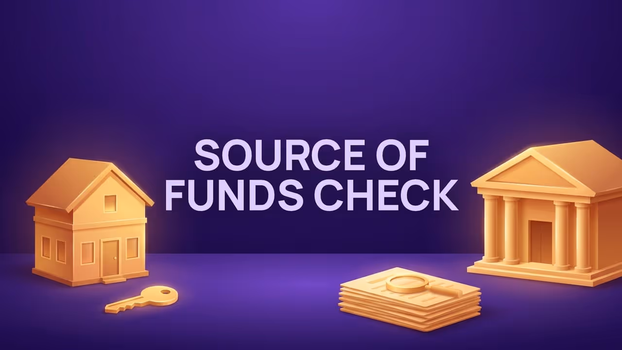 Source of funds check - a house with its key, a bank, and a stack of documents under a magnifying glass between them