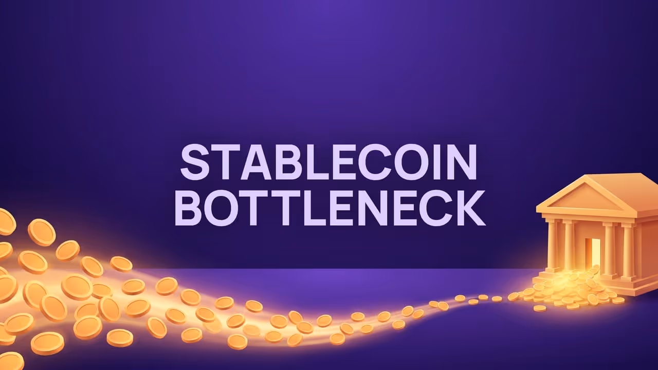 Stablecoin bottleneck - a wide stream of coins narrowing to a trickle at the doorway of a bank