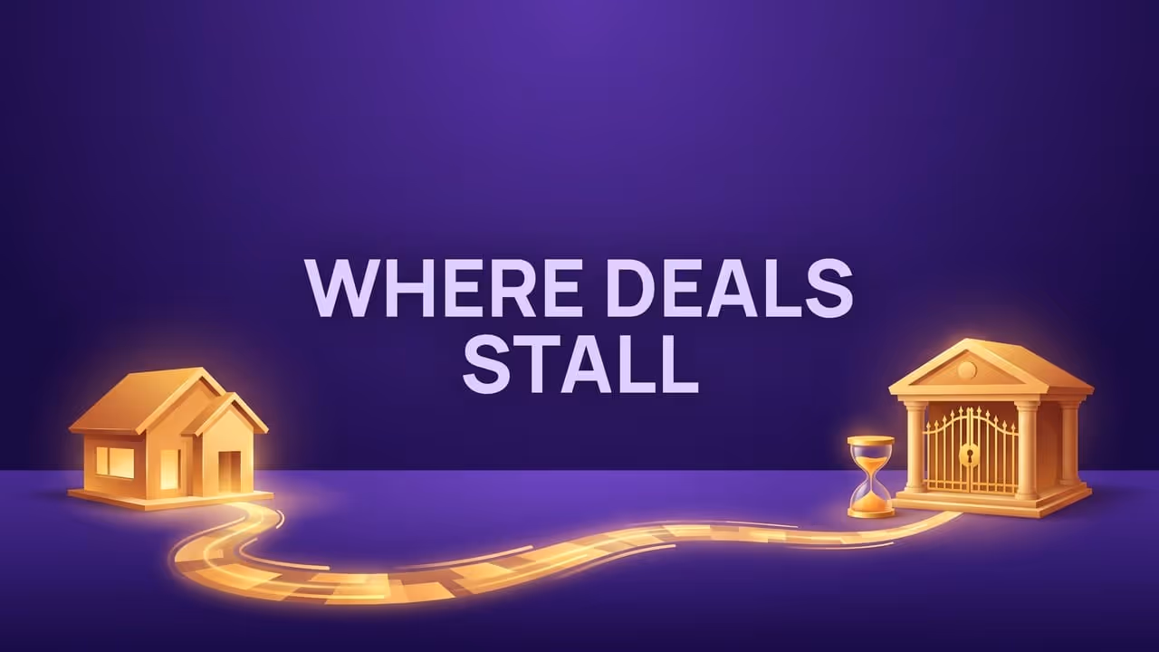 Where deals stall - a path from a house that stops at a bank's padlocked gate, with an hourglass beside it